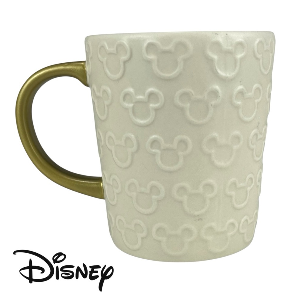 Disney Mickey Mouse Embossed Stoneware Mug‎ Cream Ivory Gold Handle 13 oz